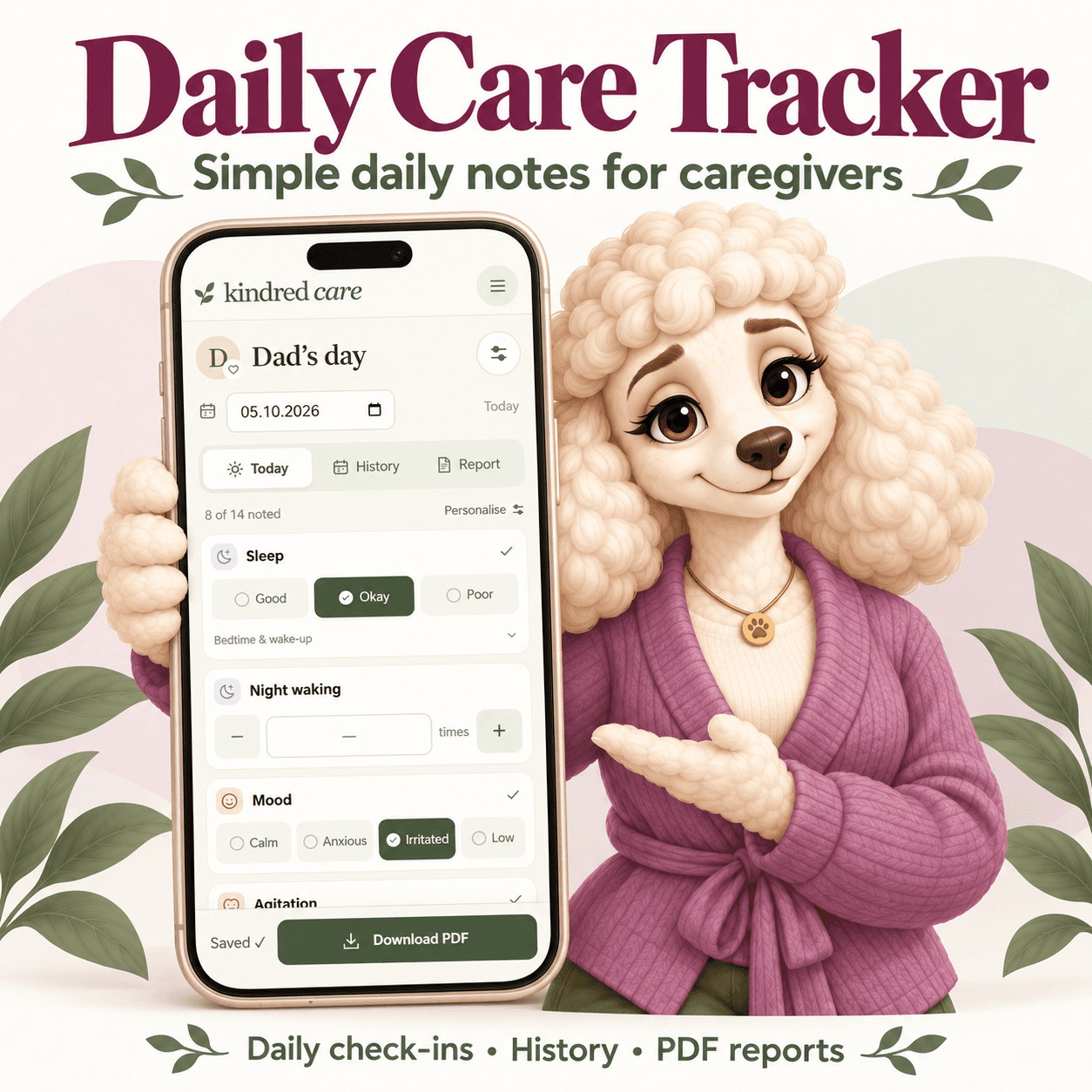 Daily Care Tracker cover — Kindred Care mascot beside a phone showing daily check-ins, history and PDF reports